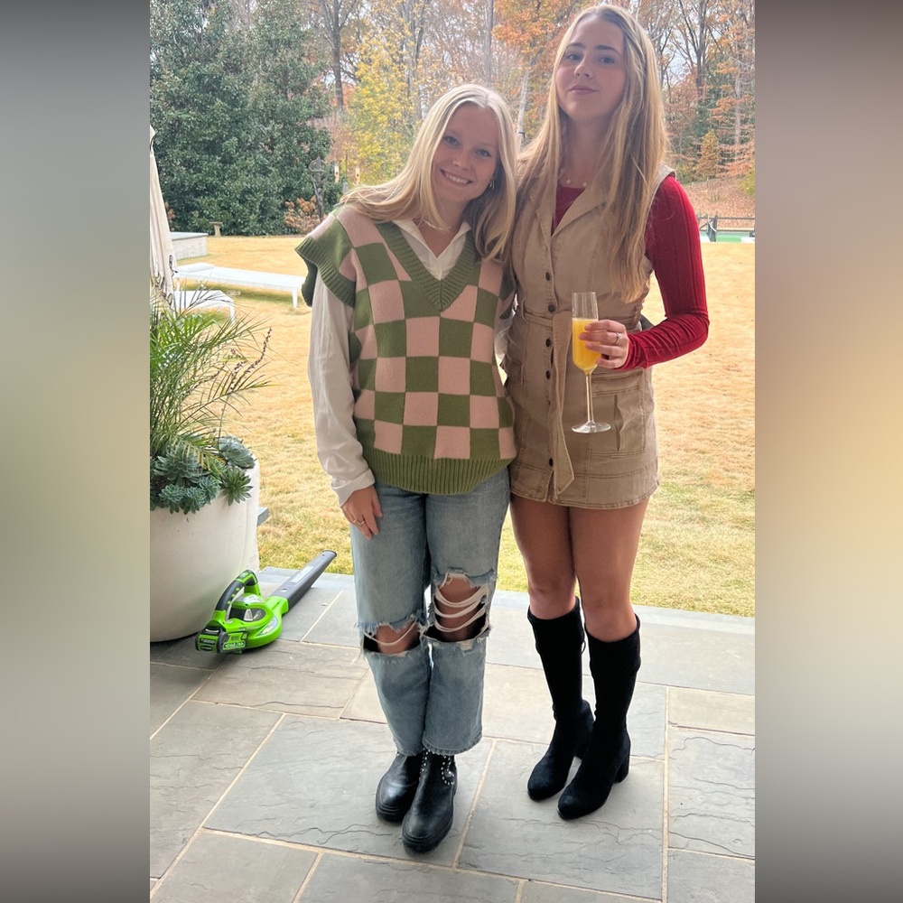 Green & Pink Checkerboard Knit Sweater Vest from Vestique